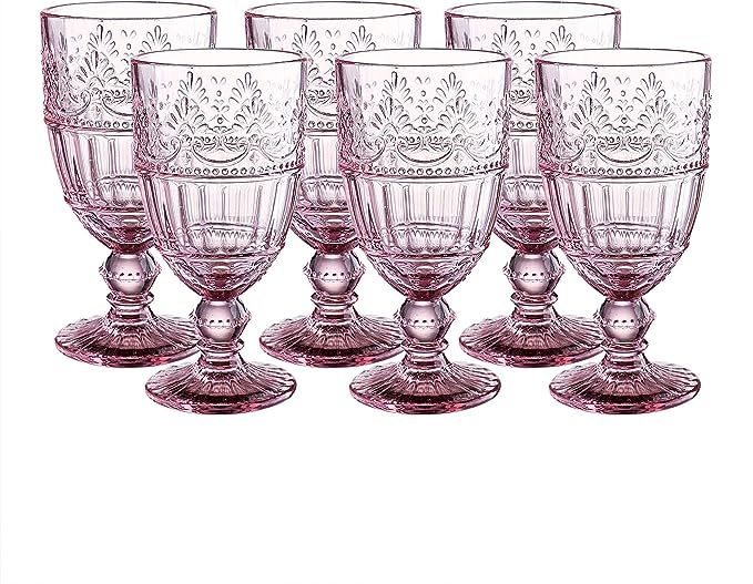 Colored Glass Goblet 11.5 oz Embossed Design Wedding Glass Set of 6 (Pink) | Amazon (US)
