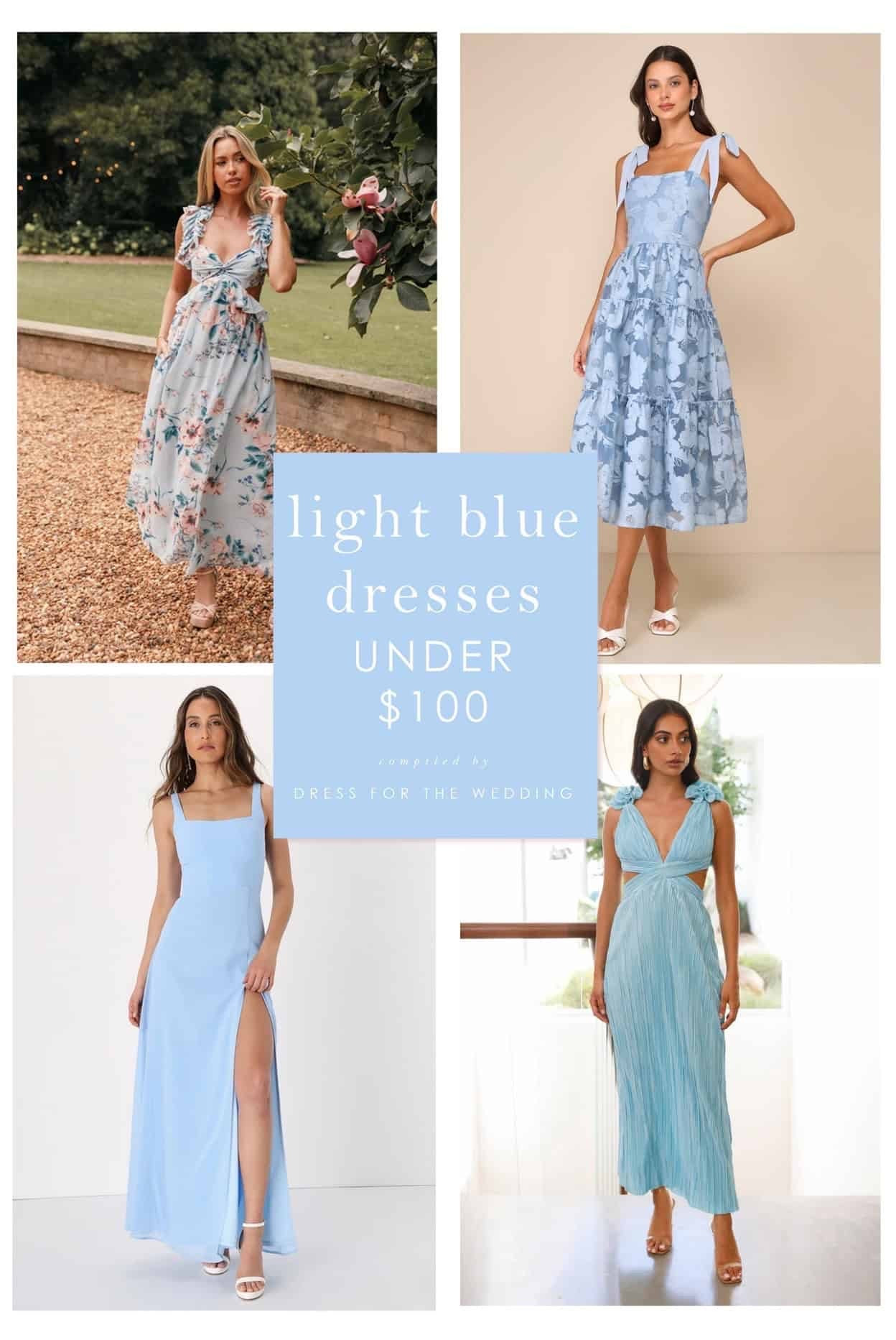 Light blue dresses under $100. Affordable light blue wedding guest dress. Spring dresses. Light blue midi dress. Semi formal dress, formal dress, maxi dress, bridesmaid dress. Blue dress for a wedding. 
Engaged, planning a wedding or attending several weddings? Dress for the Wedding is a curated wedding shopping site. Follow us on the LIKEtoKNOW.it shopping app to get the product details for this look plus sale alerts on wedding attire, cute dresses under $100, ideas for wedding guest outfits, plus wedding decor and gift ideas!