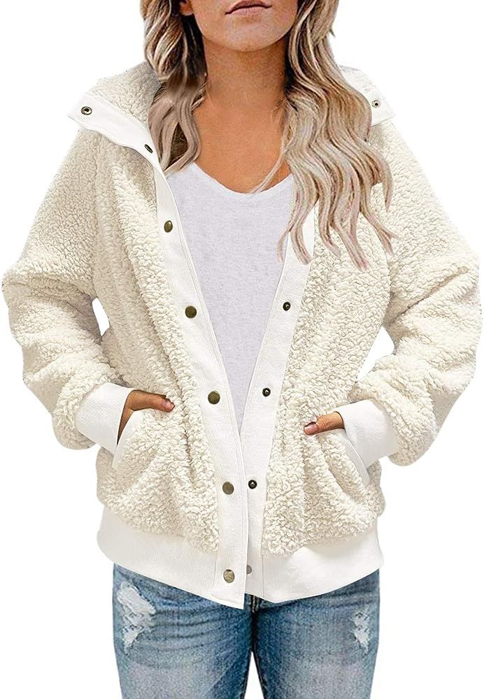 Womens Winter Long Sleeve Button Sherpa Jacket Coat Pockets Warm Fleece | Amazon (US)