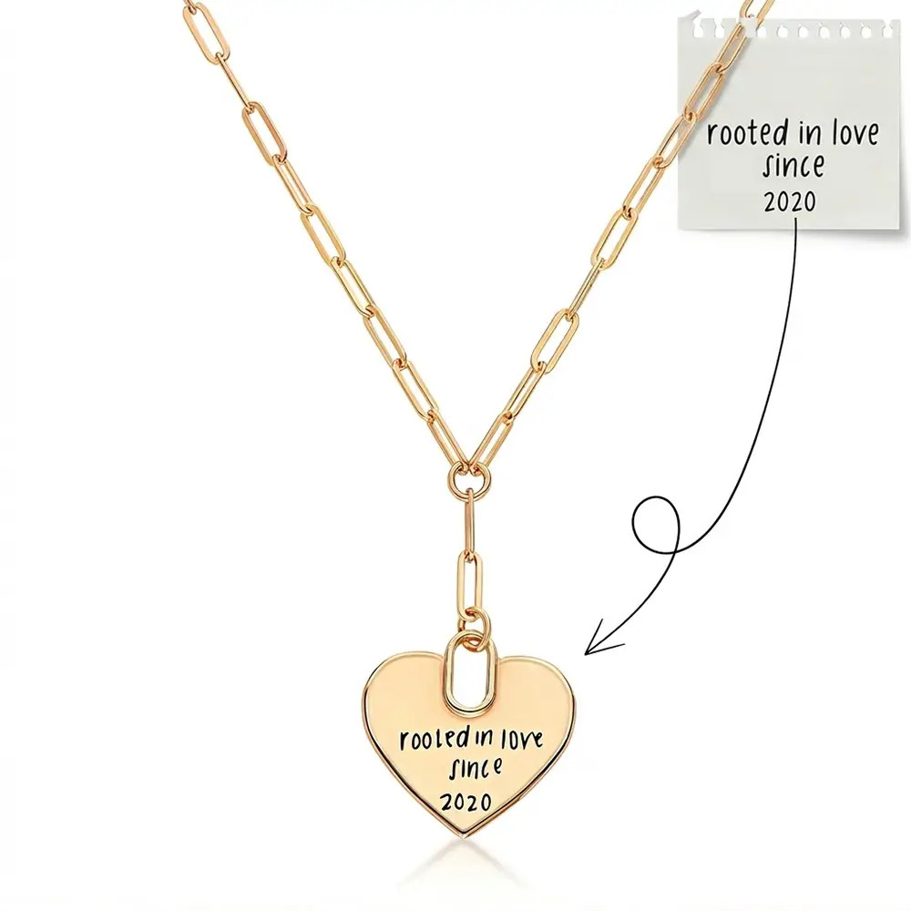 Handwriting Engraved Heart Paperclip Necklace in Gold Plating | Theo Grace