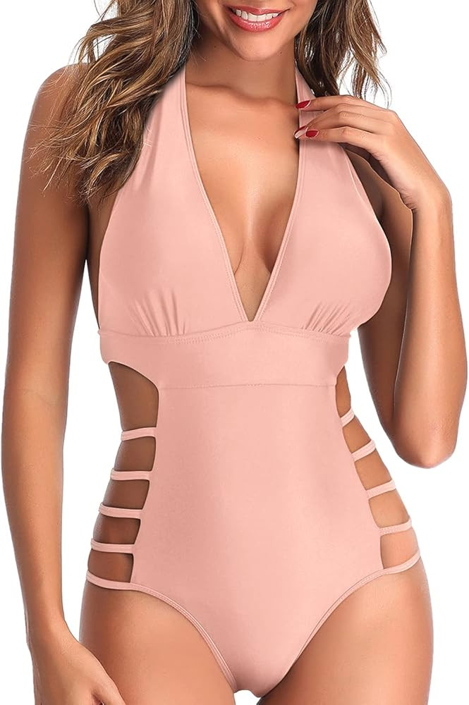 Tempt Me Women Plunge V Neck One Piece Swimsuits Halter Open Back Bathing Suits High Leg Cutout S... | Amazon (US)