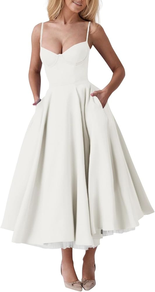 Womens Corset Dress Spaghetti Strap Bustier Midi Dress Vintage Party Dress Flowy Pleated Hem Low ... | Amazon (US)