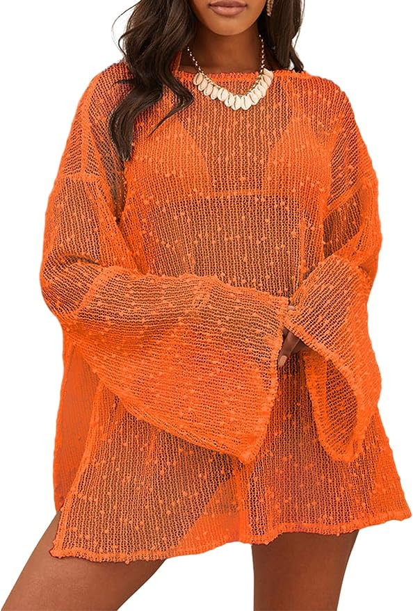 Lilosy Sexy Crochet Sheer Kaftan Caftan Beach Dress Bathing Suit Swim Coverup One Piece | Amazon (US)