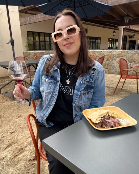 What to wear wine tasting: wine graphic tee, denim jacket, fun sunglasses 

#LTKstyletip #LTKunder50 #LTKFind