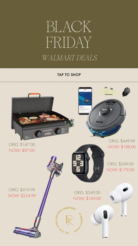 Black Friday Walmart deals happening — haven’t seen the AirPod pros this low yet!!! Save $80 👏🏼👏🏼🤯 perfect if you’re looking to shop for gifts!! This Dyson is marked down so incredibly much! Such a steal 👏🏼

Walmart Black Friday, huge savings, robot vacuum and mop, black stone on sale, Apple products on sale, Apple Watch 

#LTKCyberWeek #LTKHoliday #LTKGiftGuide