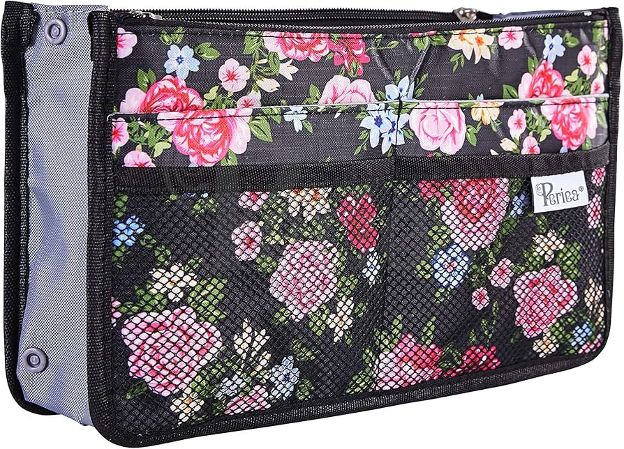 Periea Chelsy Purse Organizer Insert with Handles & 13 Pockets - 3 Sizes (Black Floral, Medium) | Amazon (US)
