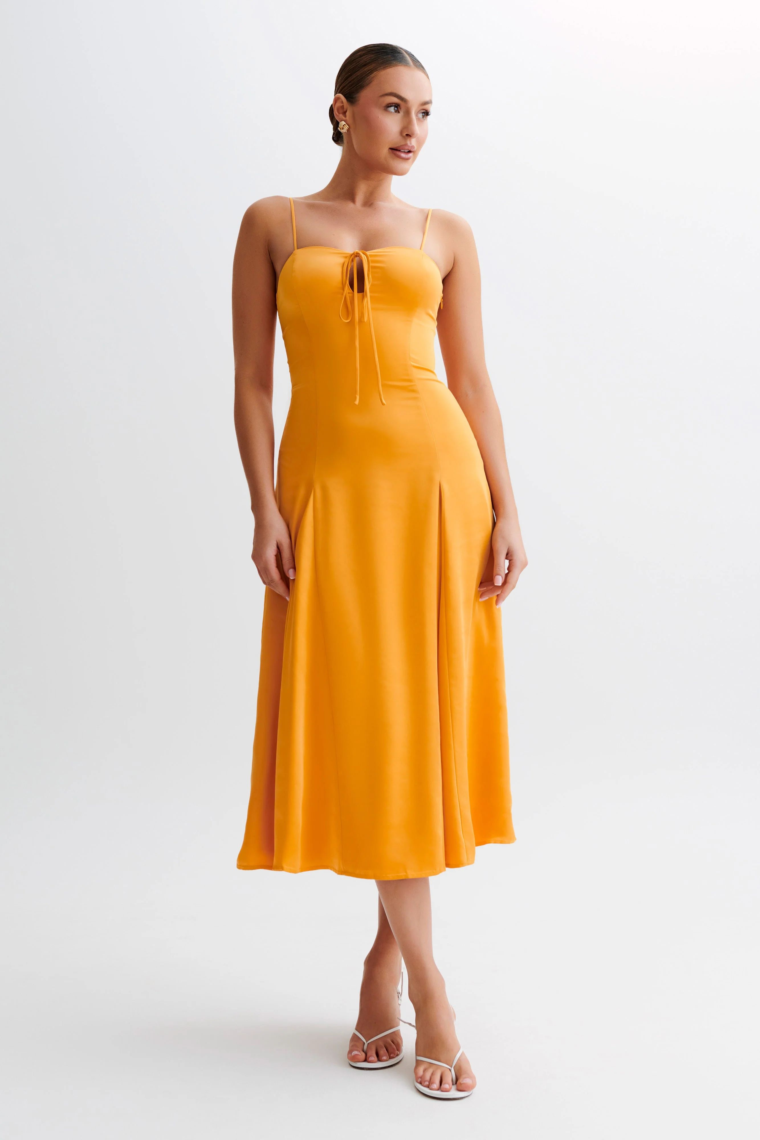 Luciana Satin Midi Dress - Tangerine | MESHKI US