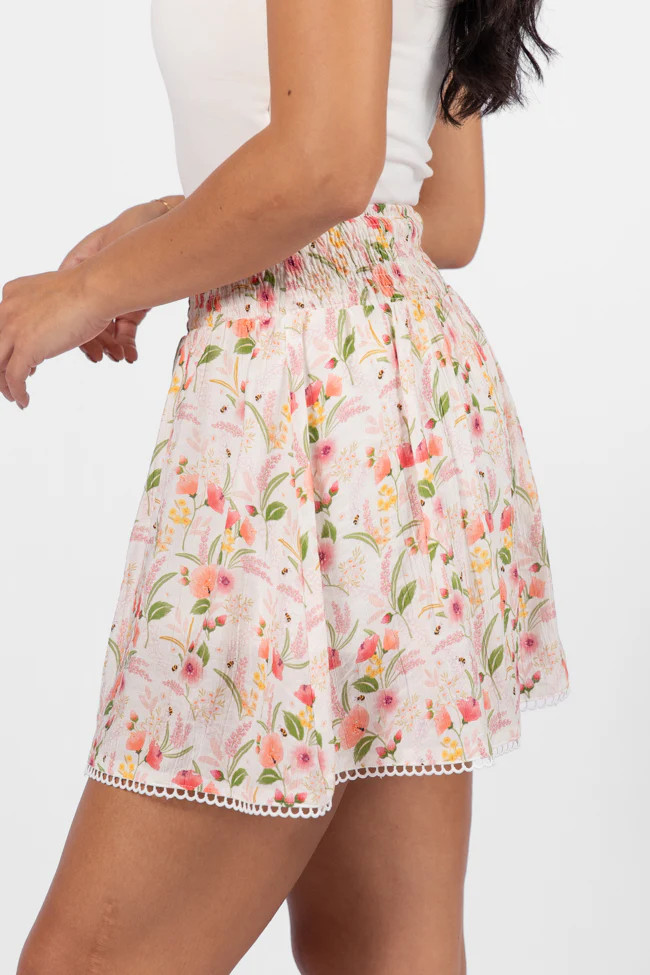 Through The Garden Ivory Multi Floral Eyelet Trim Mini Skort | Pink Lily