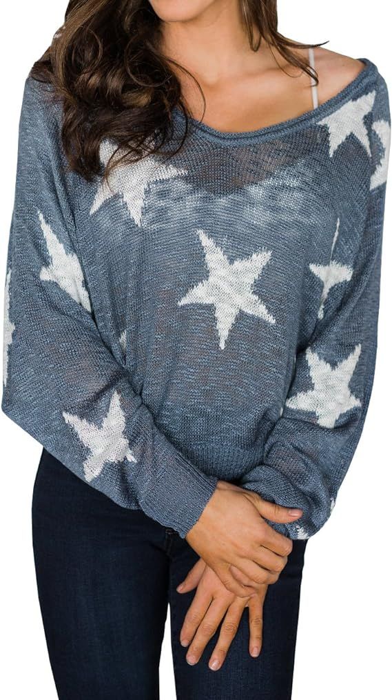 Womens Boat V Neck Sweater Star Knitted Long Sleeve Pullover Loose Lightweight Tops | Amazon (US)