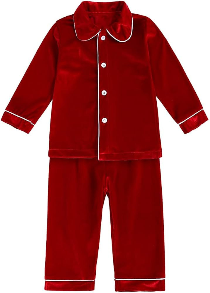 MYGBCPJS Kids Velvet Pajamas Toddler Button-Down Solid Long-Sleeve T-Shirt Top + Pants 2PCS Chris... | Amazon (US)