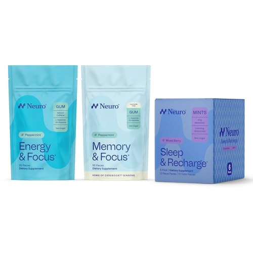 Neuro Day & Night Cognitive Support Bundle - Energy & Focus Gum (Peppermint, 90 Count) + Melatonin 1mg Sleep & Recharge Mints (Mixed Berry, 72 Count) Memory & Focus Gum (Peppermint, 90 Count) | Amazon (US)