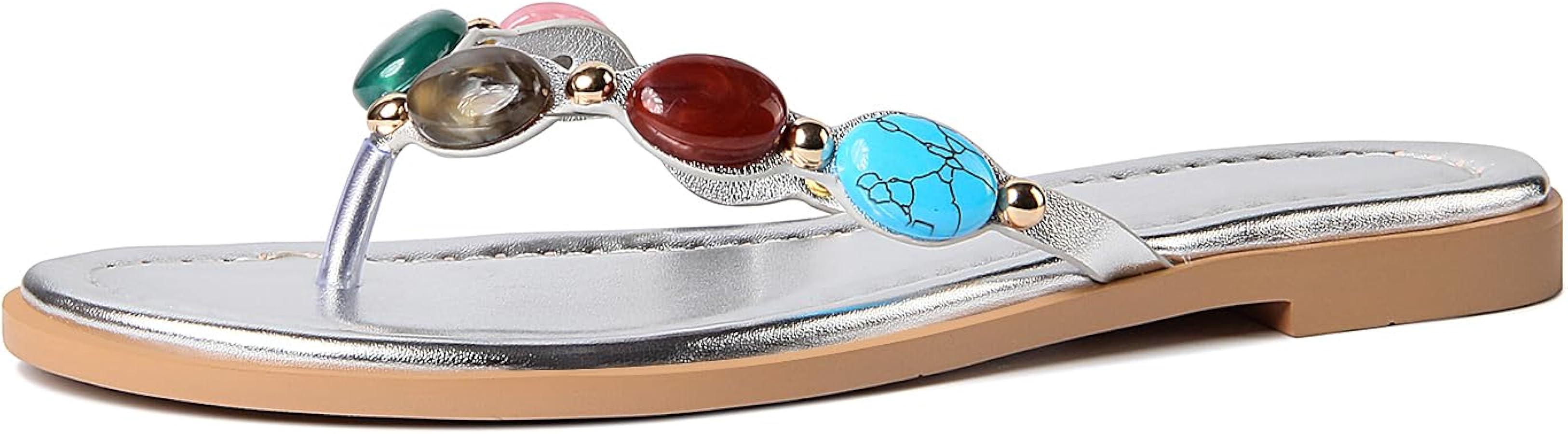 Jewelled Thong Sandal for Women Open Round Toe Flip Flops Comfy Slip on Flats Sandals Casual Summ... | Amazon (US)
