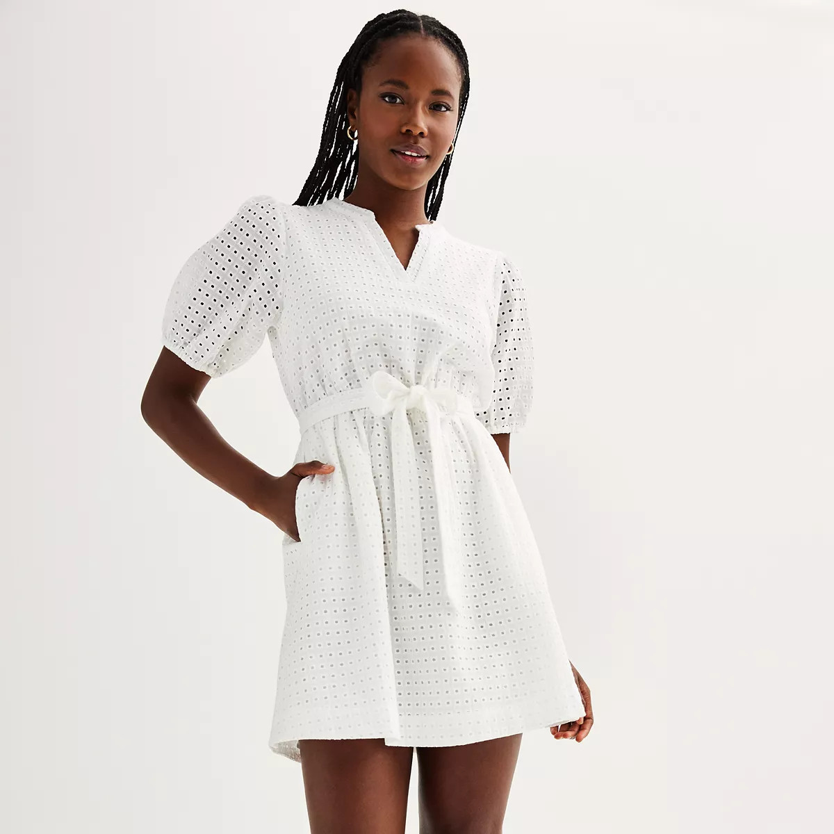 Women's Draper James Eyelet Textured Puff Sleeve Tie Waist Mini Dress | Kohl's