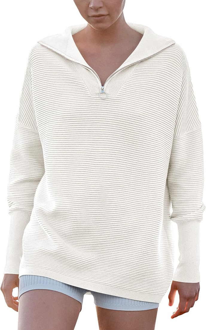 ANRABESS Women's Oversized Sweater Quarter Zip V Neck Collared Ribbed Knit Pullover Tunic 2023 Y2... | Amazon (US)