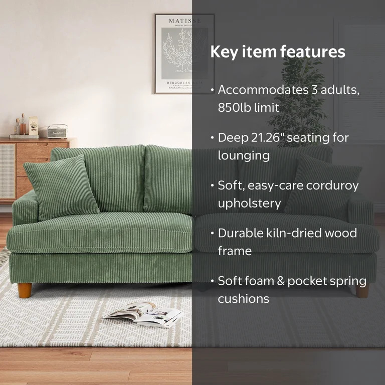 87" Corduroy Sofa,3 Seater Sofa with Extra Deep Seats,Neche Comfy Upholstered Couch for Living Ro... | Walmart (US)