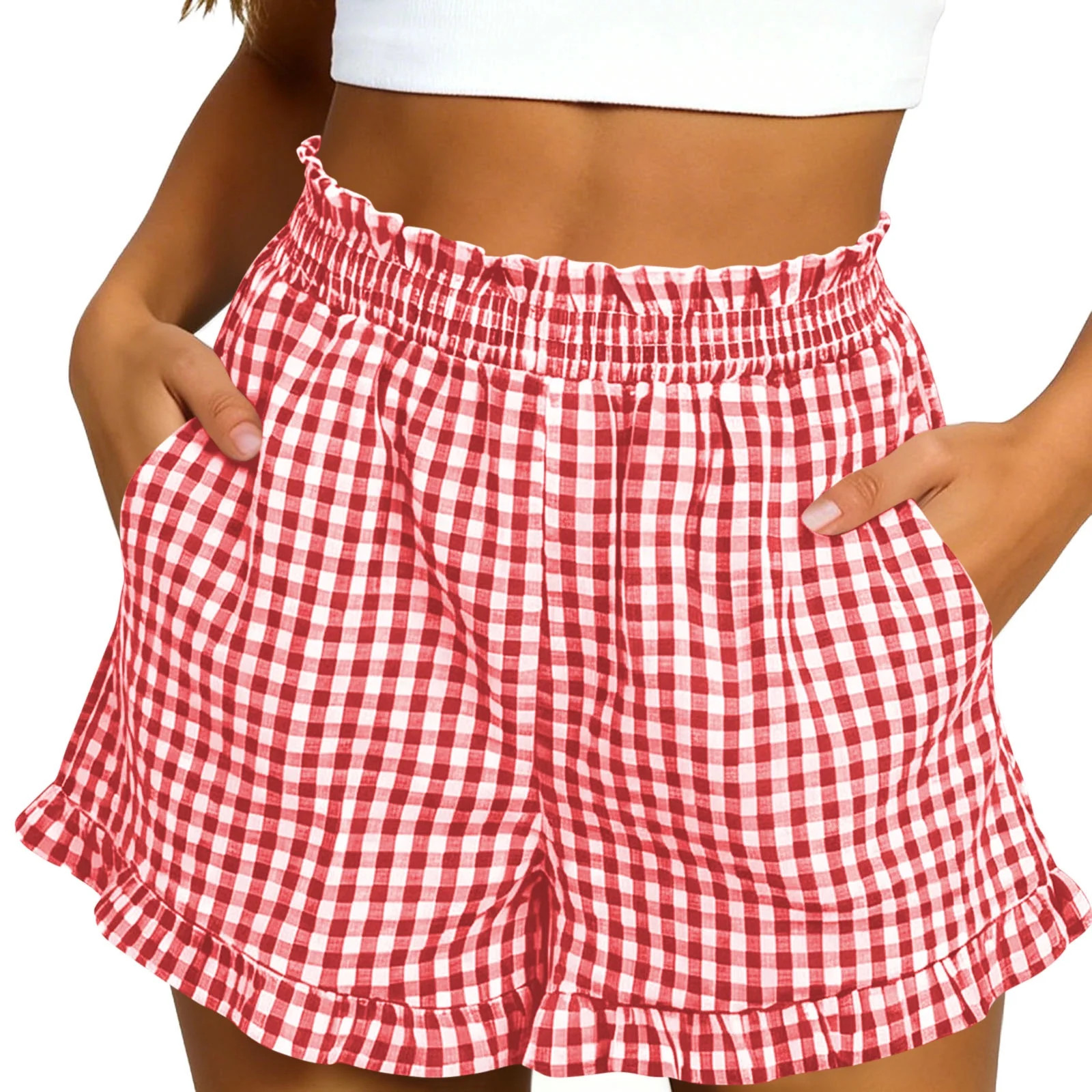Womens Ruffle Boxer Shorts Gingham Pajama Shorts with Pockets Lounge Sleep Shorts Summer Causal R... | Walmart (US)