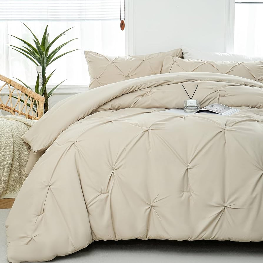 DOWNCOOL Full Size Comforter Sets - Beige Comforter Full Size, 3-Piece Pintuck Bedding Comforter ... | Amazon (US)