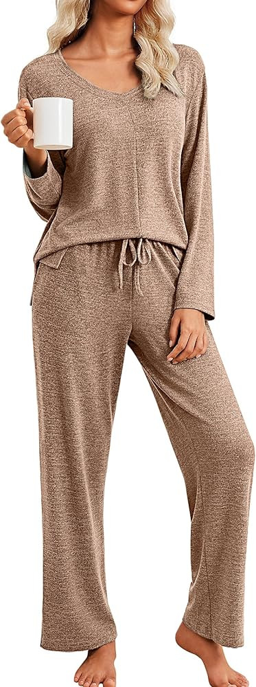Ekouaer Pajamas for Women Set Long Sleeve 2 Piece Lounge Sets V Neck Matching Pjs Soft Sleepwear ... | Amazon (US)