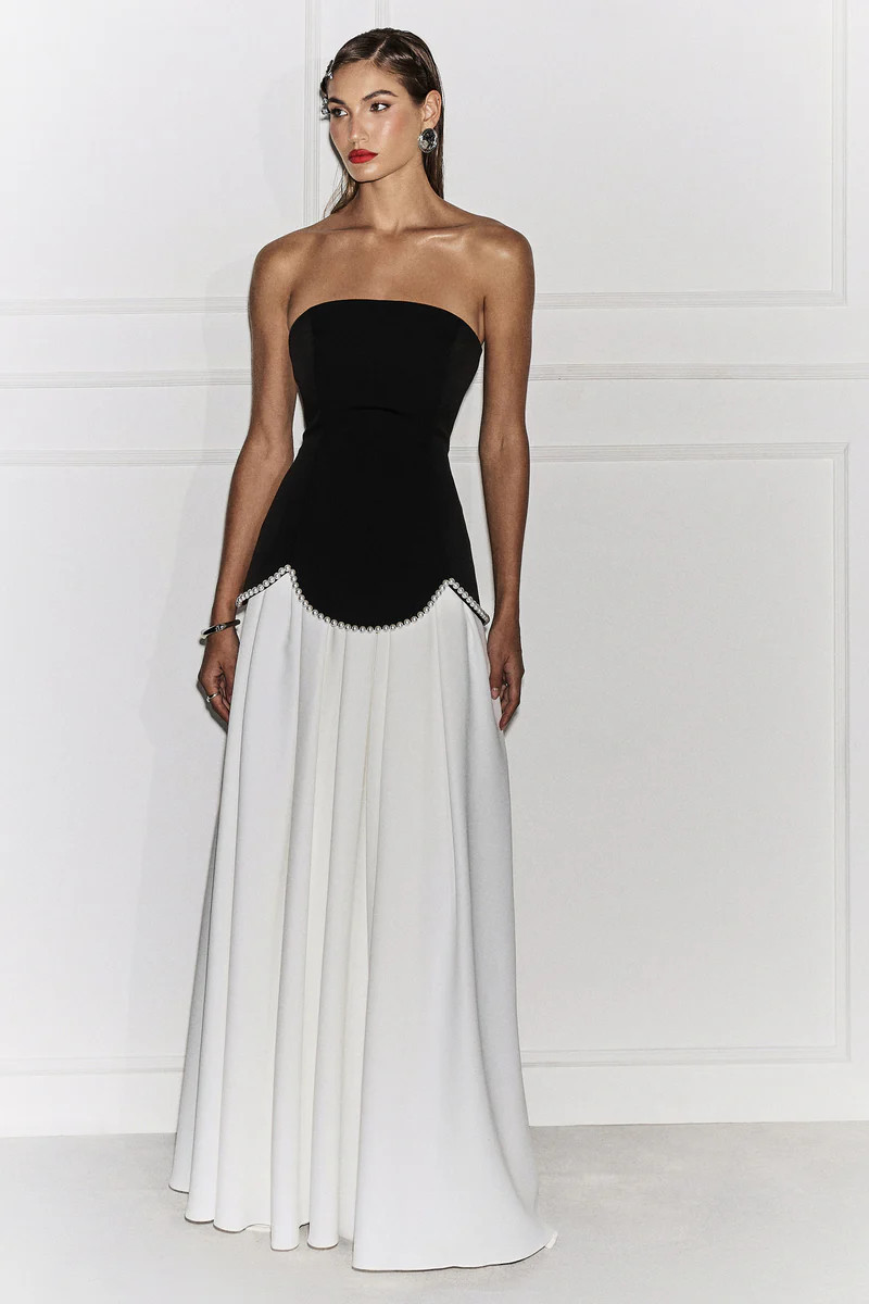 Wendy  Black And White Maxi Dress With Drop-Waist And Pearl Embellishment | Club L London