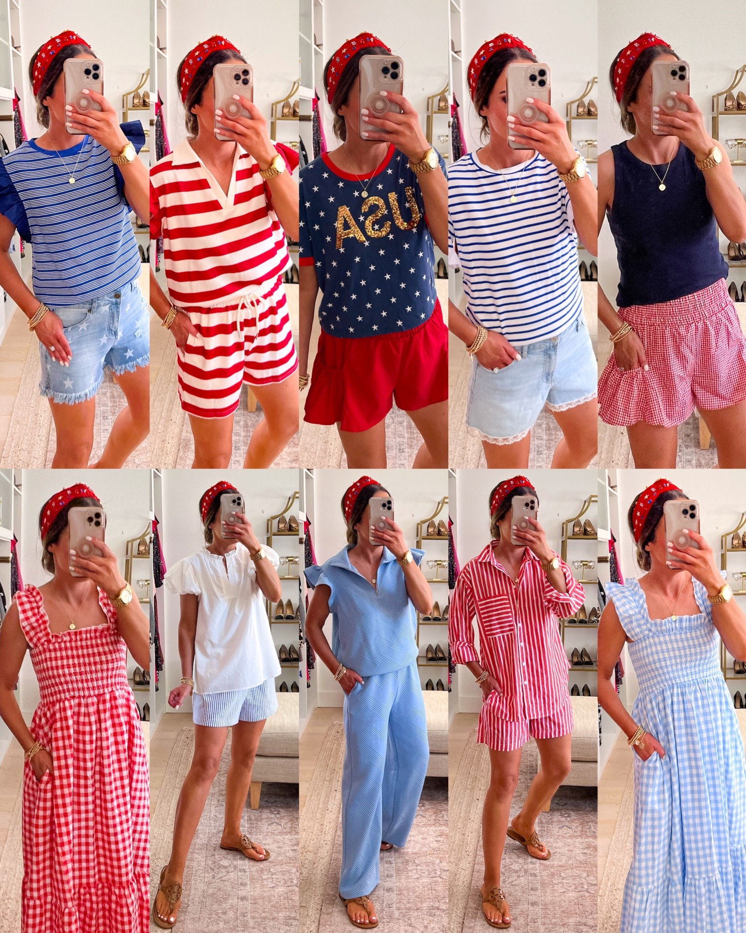 Wearing size S in almost all items but 
- sized up to M in the ruffle red shorts and the star denim shorts for extra length 
- sized up to M in the USA sequin top
- size down to xs in the LOFT shorts and top (which is more like my usual loft size) 
 