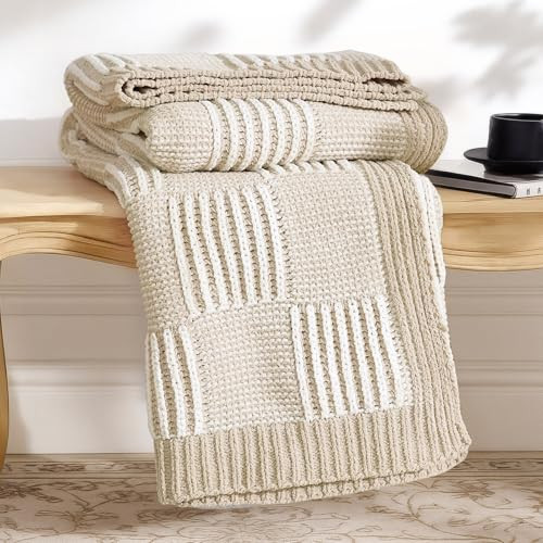 Amélie Home Checkered Knit Throw Blanket for Couch, Chenille Texture Decorative Soft Blanket for Sofa & Chair, 50"x60", Khaki & White | Amazon (US)