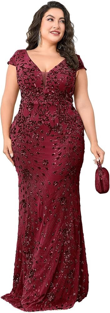 Plus Size Womens Sequined Long Evening Gown Glamous Sleeveless V-Neck Mermaid Prom Dress for Wedd... | Amazon (US)