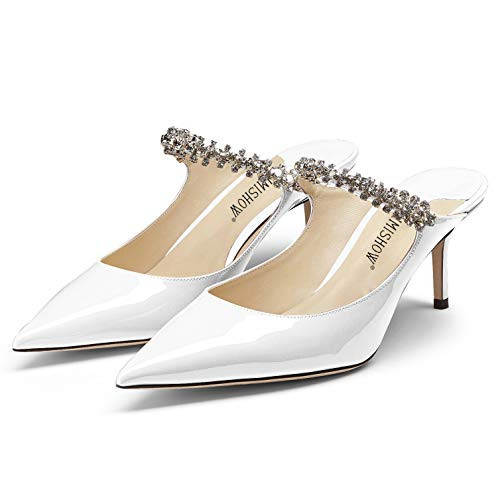 Jimishow Mule Heels White Mules for Woman Rhinestone Mule Sandals Strappy Pointy Closed Toe 2.5” Pumps Bridal Dress Shoes Evening Stilettos Size 5-13 US | Amazon (US)