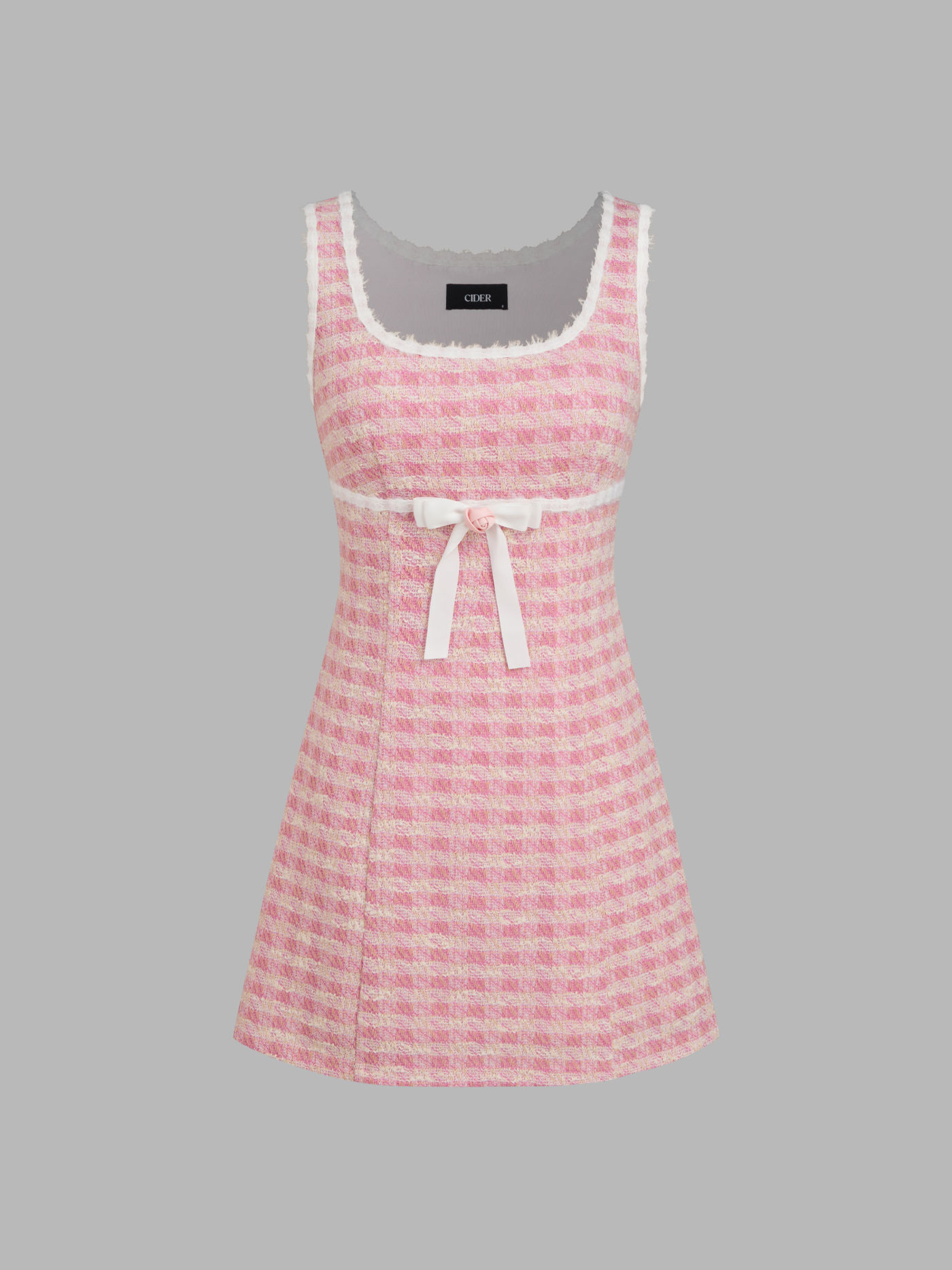 Knit Fabric Square Neck Check Knotted Mini Dress For Date | Cider