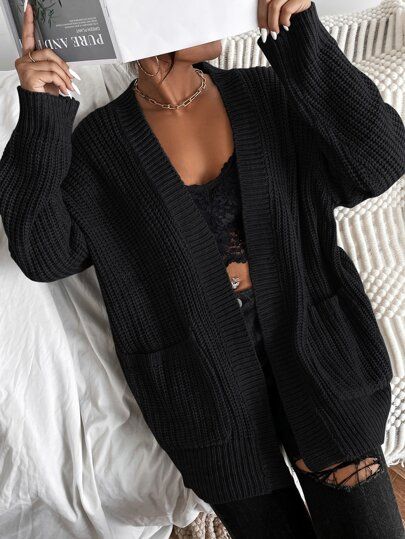 Solid Dual Pocket Ribbed Knit Cardigan | SHEIN