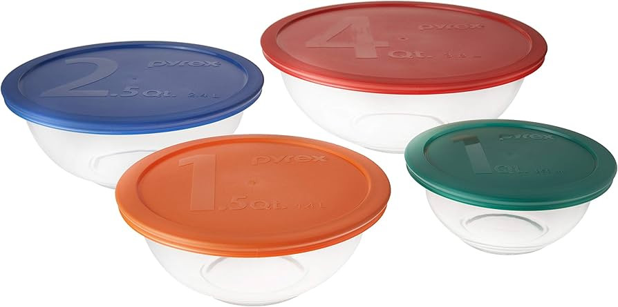 Pyrex Smart Essentials Mixing Bowl Set Including Locking Lids (Clear), 8 piece,5 quarts | Amazon (US)