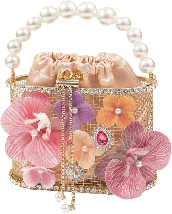 Luxury Women's Party Flower Shaped Rhinestone Gold Evening Metallic Bucket Crossbody bag,Designer... | Amazon (US)