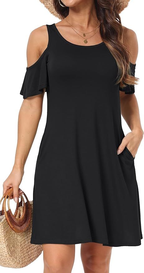 HAOMEILI Short/Long Sleeve Women's Cold Shoulder Dress with Pockets Casual Swing T-Shirt Dresses | Amazon (US)