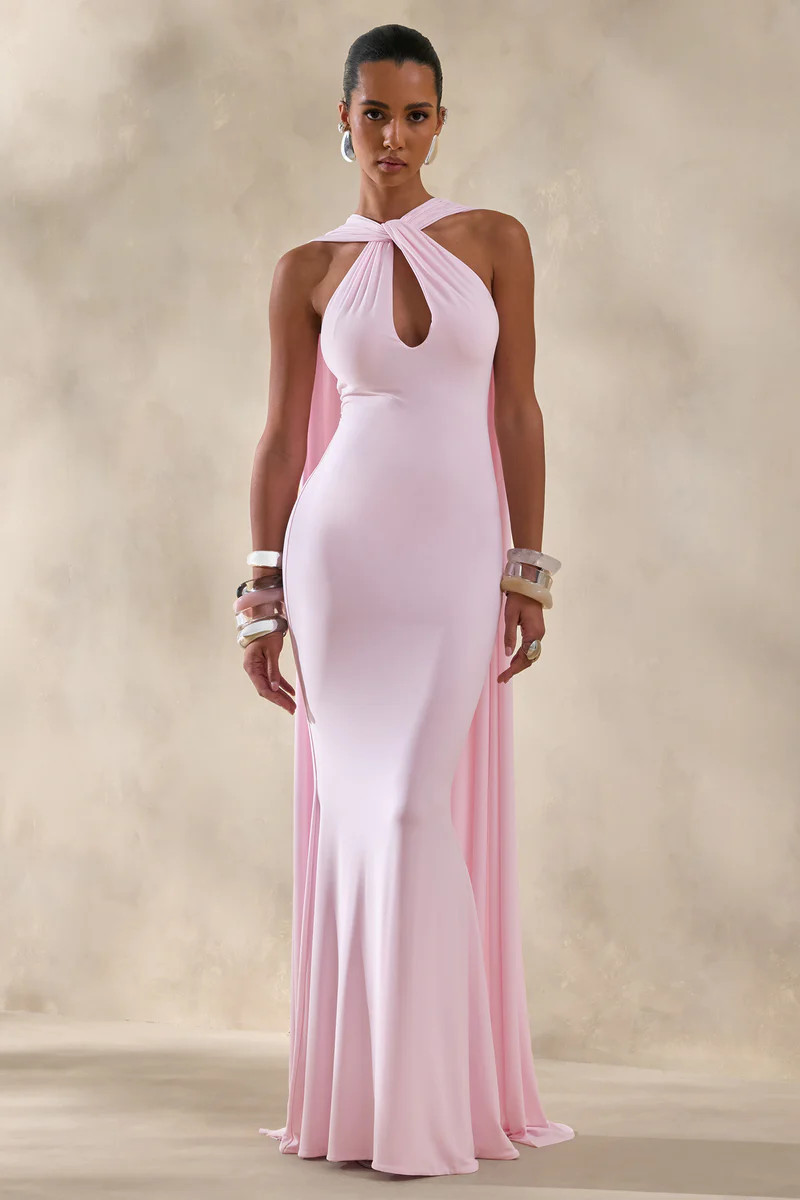 Rhoda  Light Pink Twist Halter-Neck Cape Maxi Dress | Club L London