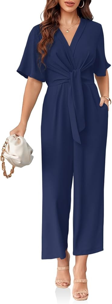 Cicy Bell Women's Elegant V Neck Jumpsuits Dressy Casual Short Sleeve Wide Leg Long Pants Rompers | Amazon (US)