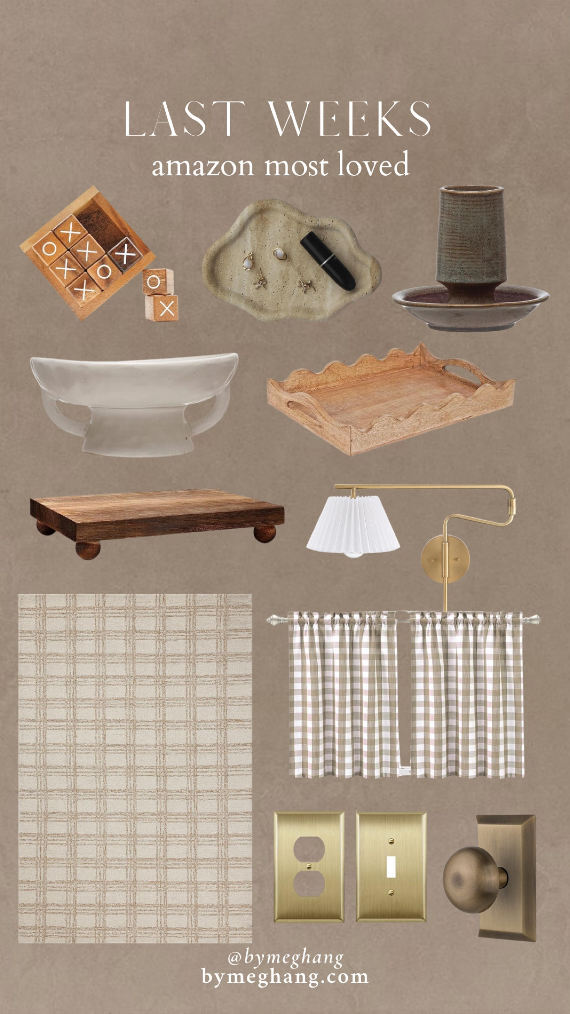 Last weeks Amazon most loved home decor items! The cutest little tic tac toe board, trays and dishes, viral match striker, ceramic bowls, the prettiest pleated plug in sconces, gorgeous plaid grid rug, affordable gingham curtains, and brass light switches and outlet covers and door knobs that elevate any room! 

#LTKhome