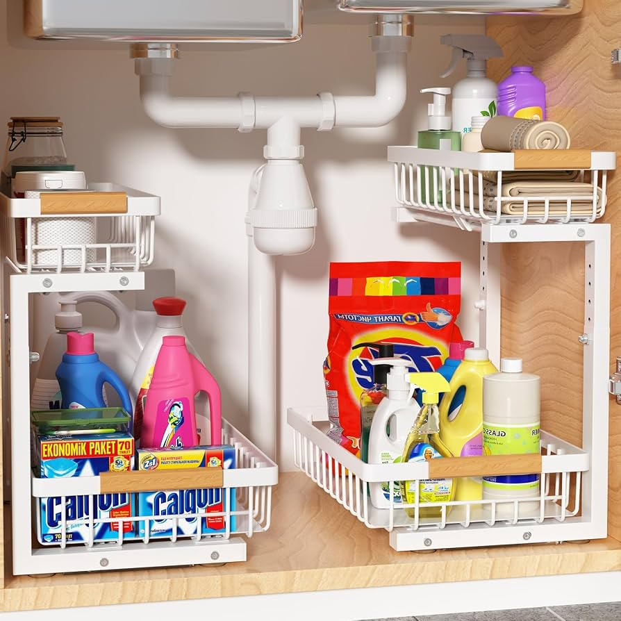 Liuoud Under Sink Organizer 2 Pack, 2 Tier Slide Out Large Capacity Height Adjustable Under Sink ... | Amazon (US)