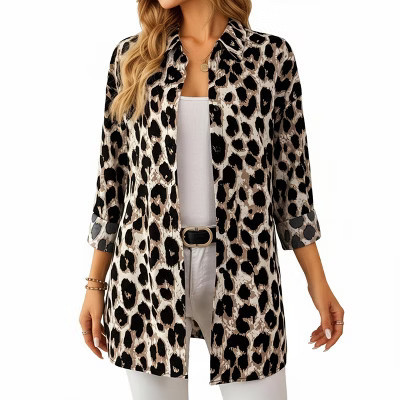 Anna-Kaci Women's Leopard Print Button-Up Shirt with Collared Neckline - Small, Brown | Target