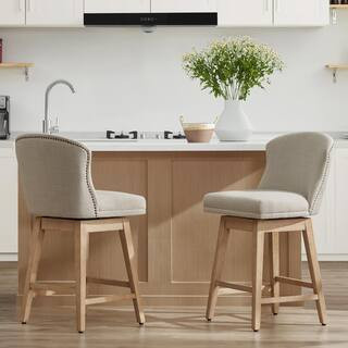 Spruce & Spring 26 in. Elsie Tan High Back Wood Swivel Counter Stool with Fabric Seat (Set of 2) ... | The Home Depot