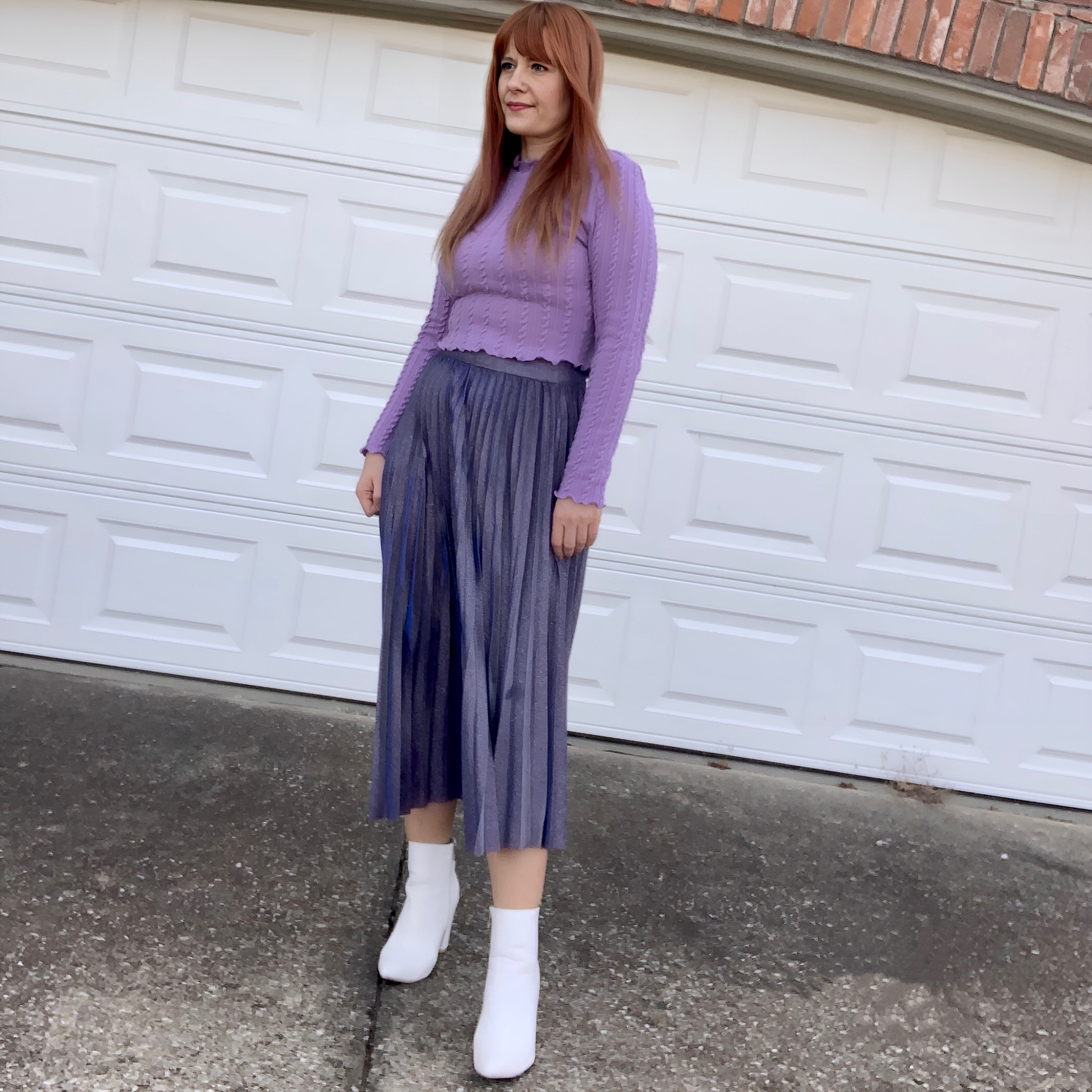 Purple midi skirt
Purple sweater 
White boots
Shein