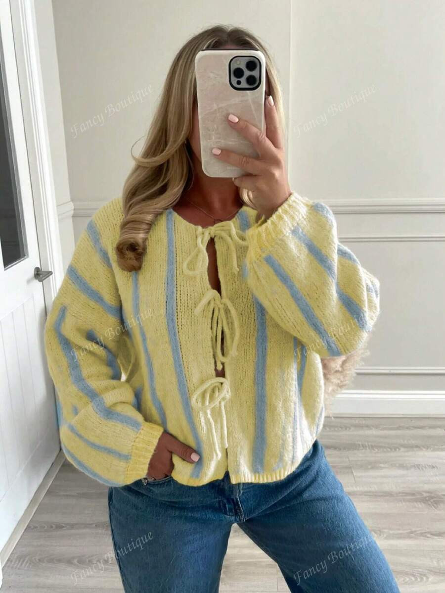 Fall/Winter New Fashion French Style Cardigan, Stripes, Blue Striped, Contrast Color, Back To Sch... | SHEIN