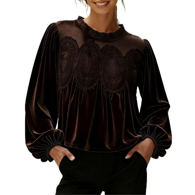 PUWEI Women's Lace Trim Velvet Blouse Elegant Flared Long Sleeve Top Casual Crew Neck Blouse | Walmart (US)