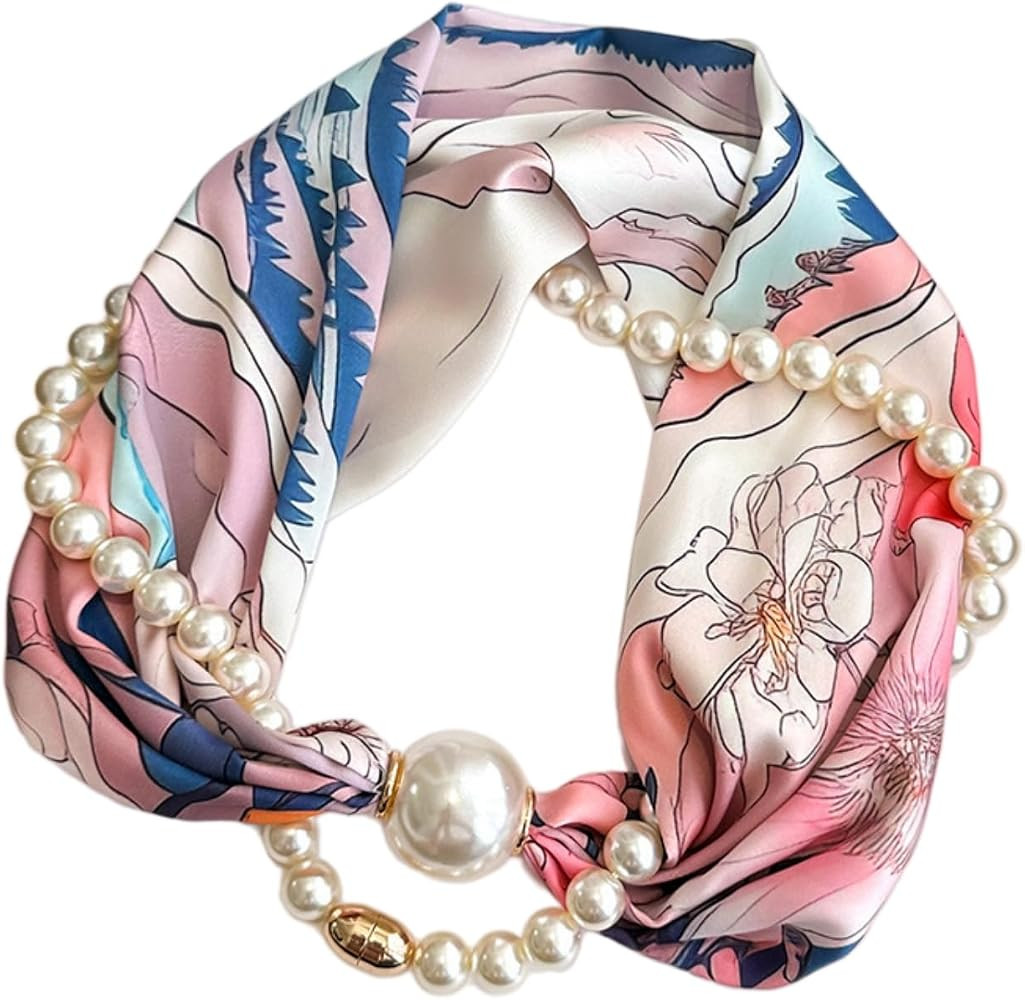 Silk Scarf Necklace forWoman Trendy Black and white Pearl Neck Scarf Necklace with Charm Formal C... | Amazon (US)