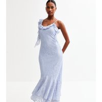 Women's Blue Frilly Trimmed Tiered Hem Lace Midi Dress New Look | New Look (UK)