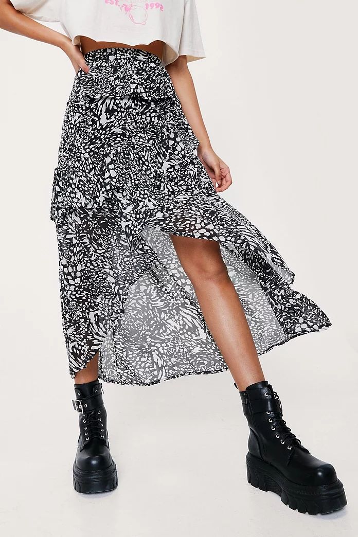 Chiffon Animal Print Tiered Midi Skirt | Nasty Gal (US)