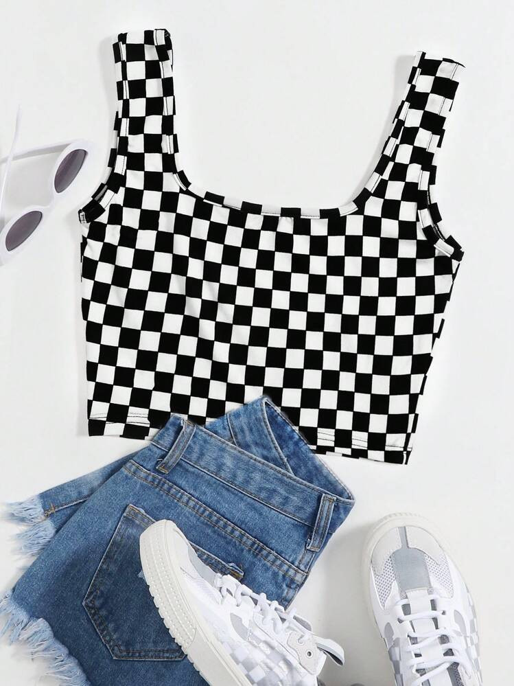 SHEIN EZwear Schwarz und Weiss Kariert  L\u00e4ssig Camis | SHEIN