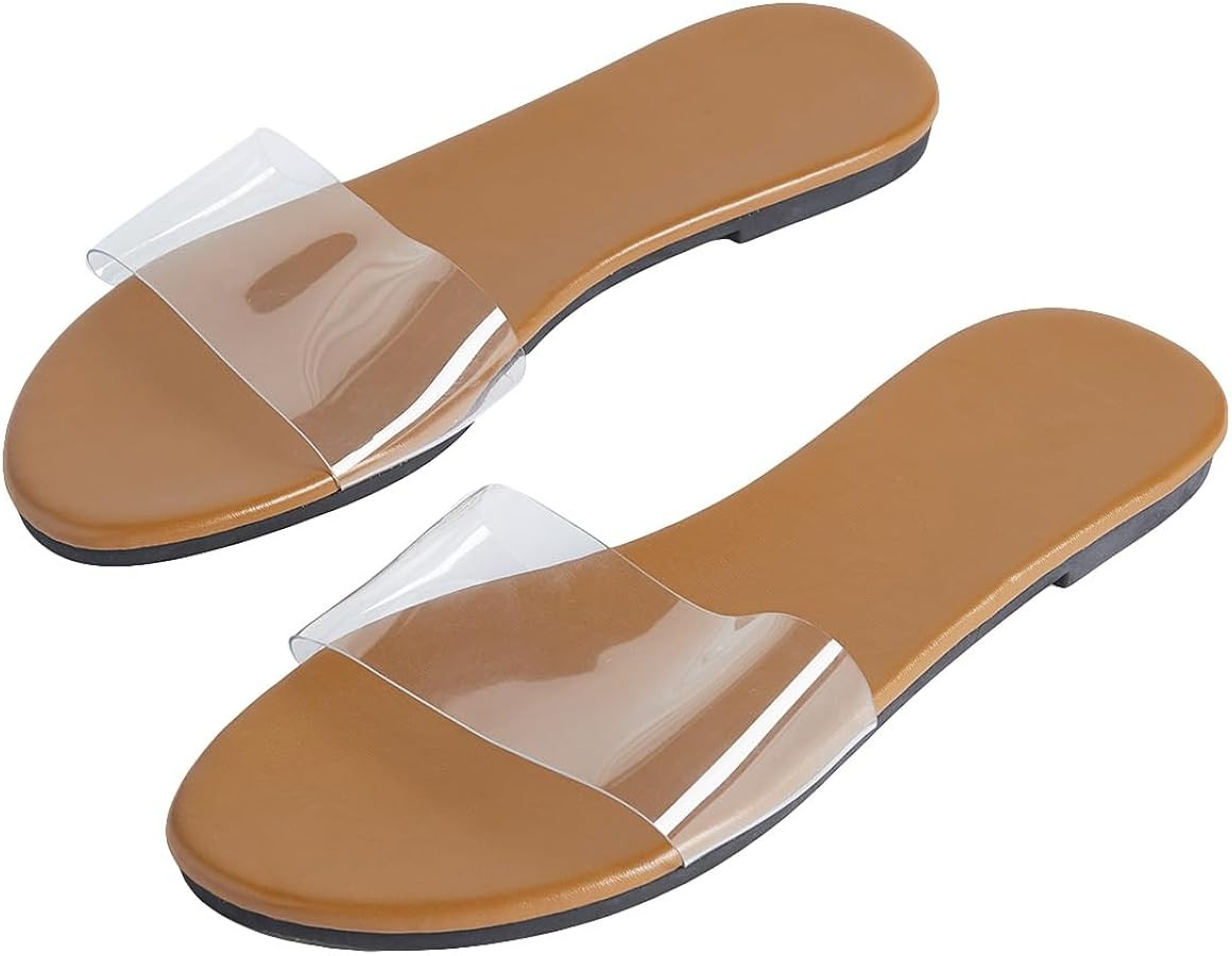 Verdusa Women's Clear Flat Sandals Open Toe Slide Sandals Summer Transparent Sandals | Amazon (US)