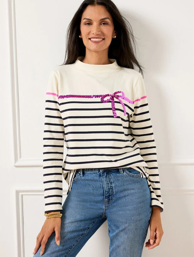 Sequin Ribbon Stripe Mockneck Tee | Talbots