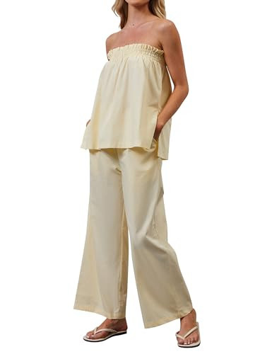 Lenader Women Summer Outfits 2 Piece Set Strapless Tube Top and Wide Leg Pants lounge Set Relaxed Off Shoulder Top Pants Set | Amazon (US)