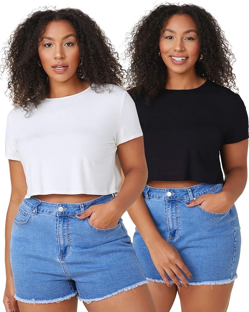 Floerns Women's Plus Size 2 Pcs Basic Short Sleeve Solid Crop Tops Tee Shirts | Amazon (US)