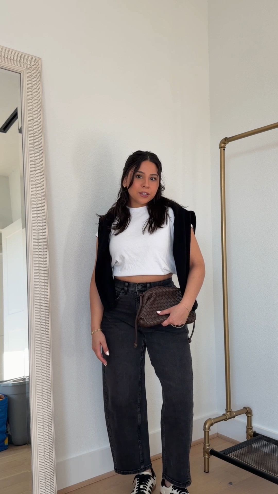 Spanx barrel jeans: small petite 
White tee: small 
Black cardigan: xs 
Adidas sambas: 6 women 
Brown woven handbag 

#LTKdayinmylife #LTKootd #LTKgrwm